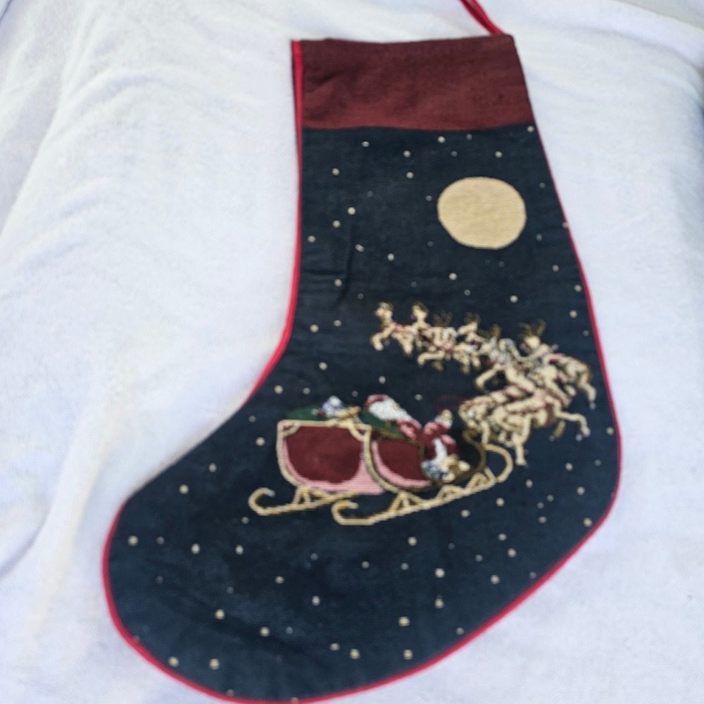 Vintage Needlepoint Christmas Stocking Santa Sleigh Reindeer Navy Blue Velvet